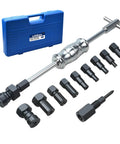 13pcs Blind Hole Collet Bearing Puller Set with Slide Hammer and Expandable Collets 8-32MM arranged with blue case background