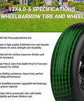 Green striped wheelbarrow tire showing 13x4.0-6 specs, solid polyurethane, bullet-proof, pre-installed ball bearings, smooth operation