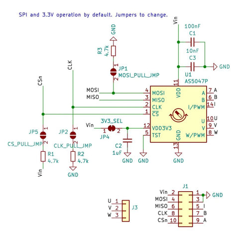 Schematic of magnetic rotary position sensor encoder breakout board module with 14bit precision, SPI ABI UVW outputs, Arduino compatible.