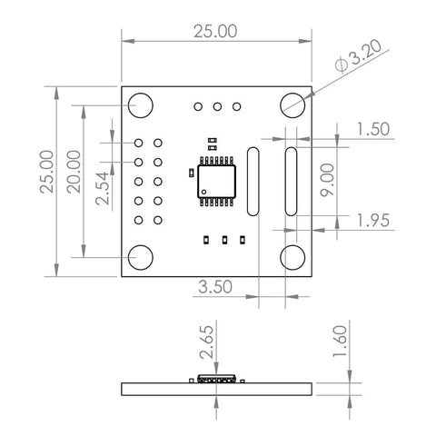 Diagram of Magnetic Rotary Position Sensor Encoder Breakout Board Module with 14Bit Precision, dimensions labeled for SPI ABI UVW outputs.
