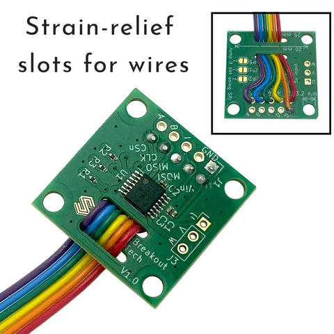 Magnetic Rotary Position Sensor Encoder Breakout Board Module With 14Bit Precision, shown with strain-relief slots and wiring detail.