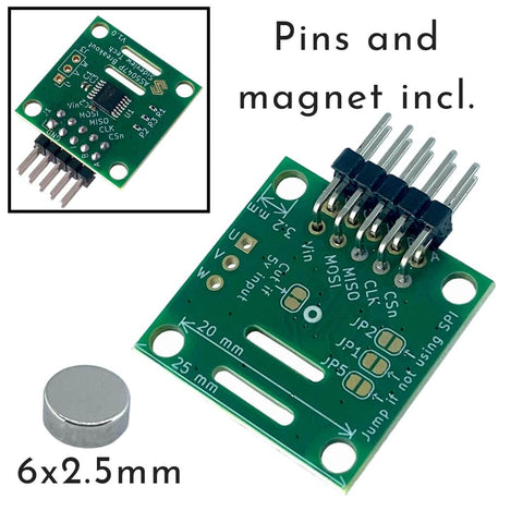 Magnetic Rotary Position Sensor Encoder Breakout Board Module With 14Bit Precision, SPI ABI UVW Outputs shown with magnet and pins.