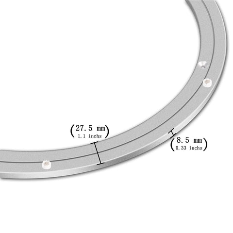 Close-up of Heavy Duty Aluminum Lazy Susan Hardware with polished ball bearings, highlighting measurements for dining table and workbench use.