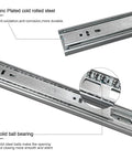 Close-up of zinc-plated steel 14 inch Drawer Slides 4 Pairs (8pcs) Full Extension Ball Bearing Drawer Slide with solid bearings.