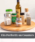 14 inch bamboo lazy susan organizer designed for cabinets and pantries, round bamboo turntable for kitchen counters and spice storage with jars.