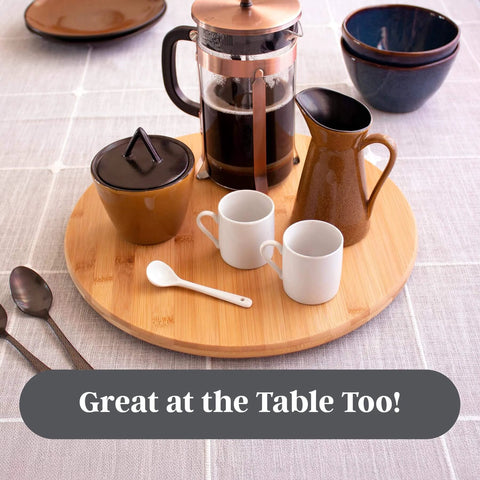 14 inch bamboo lazy susan organizer designed for cabinets and pantries, round bamboo turntable with coffee accessories