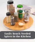 14 inch bamboo lazy susan organizer designed for cabinets and pantries, round bamboo turntable for kitchen counters and spice storage with jars.