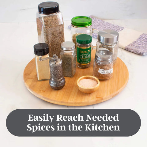 14 inch bamboo lazy susan organizer designed for cabinets and pantries, round bamboo turntable for kitchen counters and spice storage with jars.