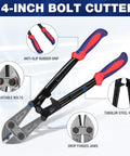 Diagram of W017004A 14 Inch Bolt Cutter with bi-material handles, soft rubber grips, drop forged chrome molybdenum steel jaws, powder coated