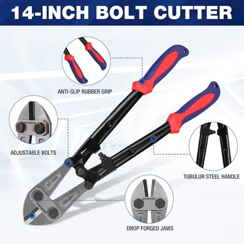 Diagram of W017004A 14 Inch Bolt Cutter with bi-material handles, soft rubber grips, drop forged chrome molybdenum steel jaws, powder coated