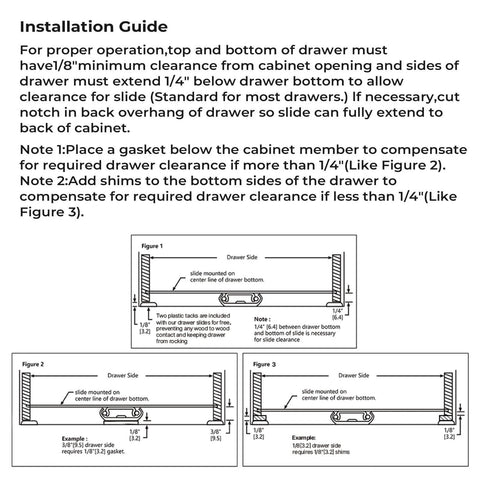 Installation guide for Center Mount Drawer Slides Bottom Mount for Cabinet and Dresser 14 Inch Heavy Duty Drawer Rails 9.74" Extension Glide Track.