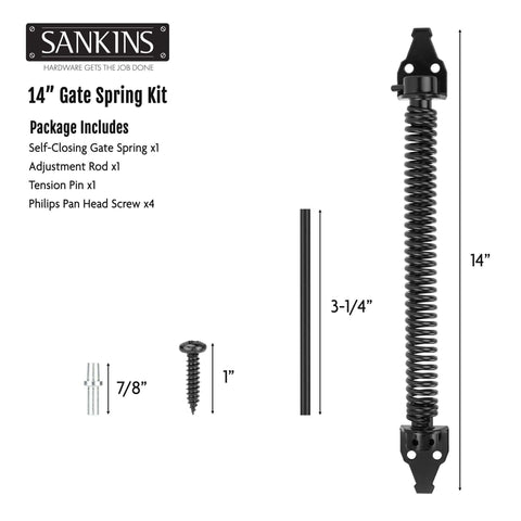 Beefy 14 Inch Gate Spring Self Closing Heavy Duty Outdoor Gate Spring with Adjustable Tension and Hardware in Black
