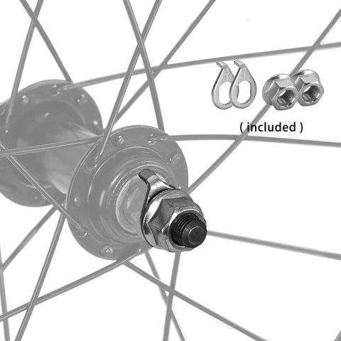 Close-up of 14 Inch Kids Bike Front Wheel Replacement with Air Rubber Tire, Black Steel Rim, Stainless Spokes and included 3/8 inch axle.