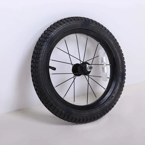 14 Inch Kids Bike Front Wheel Replacement with Air Rubber Tire, Black Steel Rim, stainless spokes, displayed against plain background