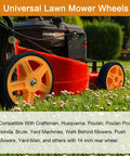 14 Inch Lawn Mower Wheels for Push Mowers, Plastic PU Wheels on a red mower in a grassy yard