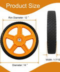 14 Inch Lawn Mower Wheels for Push Mowers, Plastic PU Wheels with Bolts & Nuts, showing size dimensions and tread design