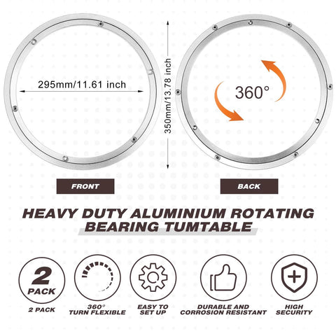 Front and back view of 2 Pack 14 Inch Lazy Susan Hardware Heavy Duty Aluminum Alloy Turntable Bearing Rings with 360-degree rotation