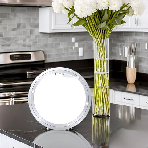 Fourteen Inch Lazy Susan Base Only With Rotating Turntable Bearing for glass, granite, wood tables, heavy-duty aluminum shown in kitchen.