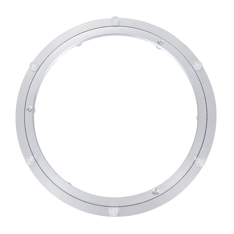 Top view of Fourteen Inch Lazy Susan Base Only With Rotating Turntable Bearing for dining tables, in aluminum.
