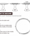 Diagram showing installation steps for 2 Pack 14 Inch Lazy Susan Hardware Heavy Duty Aluminum Alloy Turntable Bearing Rings.