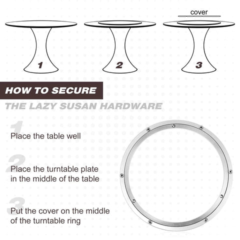 Diagram showing installation steps for 2 Pack 14 Inch Lazy Susan Hardware Heavy Duty Aluminum Alloy Turntable Bearing Rings.