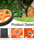 14 Inch Lawn Mower Wheels for Push Mowers, Plastic PU Wheels with Bolts & Nuts, showing non-slip surface and metal bushing