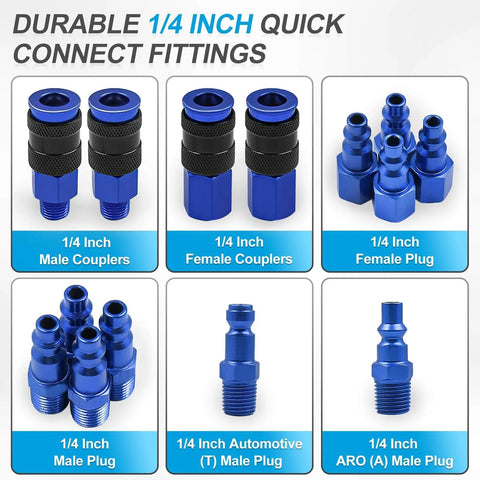 15 Piece Air Hose Fittings Kit With One Quarter Inch Universal Air Couplers And Industrial Air Plugs displayed on a grid