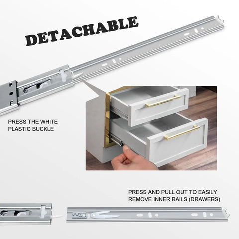 14 Inch Soft Close Drawer Slides With Ball Bearing Full Extension, Side Mount, Heavy Duty, showing detachable design with rails.