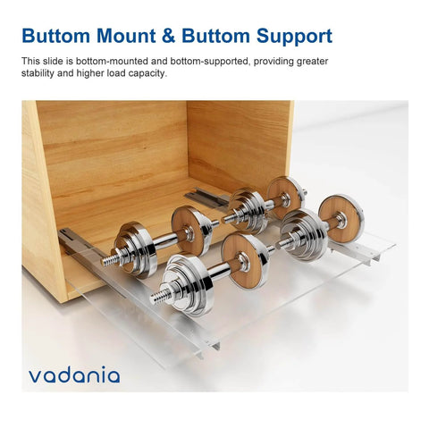 14" Undermount Drawer Slide, Soft Close, Bottom Mounted & Bottom Support, 88 lb Load Capacity, 3-Fold Full Extension