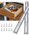 14 Inch Soft Close Drawer Slides With Ball Bearing Full Extension, Side Mount, installed in wooden drawer with screws shown