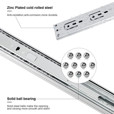 14 Inch Soft Close Drawer Slides With Ball Bearing Full Extension, side mount, zinc-plated cold rolled steel, anti-corrosion.