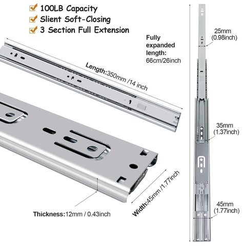 14 Inch Soft Close Drawer Slides With Ball Bearing Full Extension, Side Mount, Heavy Duty Cabinet Drawer 100 LB Capacity