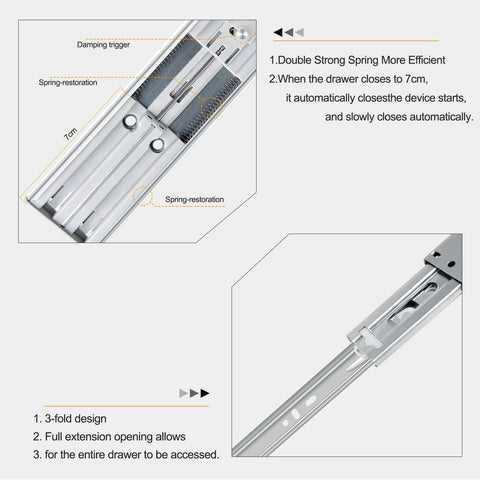 Detailed diagram of 14 Inch Soft Close Drawer Slides with ball bearing full extension, side mount, showing damping and spring features.