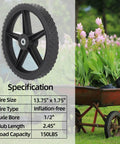 14 x 1.75 Inch Spoked Plastic Wheel and Tire 2 Pack with 2.45 Inch Hub Length and 1/2 Inch Bearing next to DIY wagon