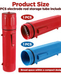 Two Pack 14 Inch Welding Rod Storage Tubes In Red And Blue Airproof And Waterproof Electrode Canisters For Keeping Stick Electrodes Organized By Type Or Size On The Job Site with size details displayed