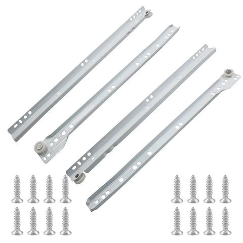 14 Inch Drawer Slides Set White Coated Steel Drawer Tracks With Removable Bottom Mount Rails And Nylon Wheels, 4 Tracks, Screws