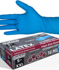 Hand wearing 14 Mil Blue Latex Disposable Gloves Powder Free With Extended Cuff Textured Grip, box labeled S-XXL