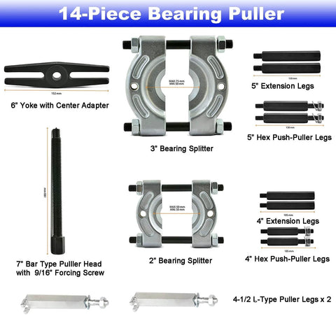 14-piece Bearing Puller Set with 3" and 2" Splitters, 6" Yoke, 5 Ton Capacity Bearing Separator Kit, Wheel Hub Axle Puller, Heavy Duty.