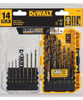 DEWALT 14 Piece Drill Bit Set With 3 Flats Shank 135 Degree Split Point High Speed Steel For Plastic Wood And Metal in packaging