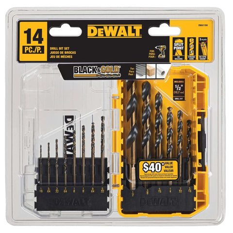 DEWALT 14 Piece Drill Bit Set With 3 Flats Shank 135 Degree Split Point High Speed Steel For Plastic Wood And Metal in packaging