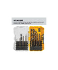 14 Piece Drill Bit Set With 3 Flats Shank 135 Degree Split Point High Speed Steel in black and gold case, labeled sizes visible