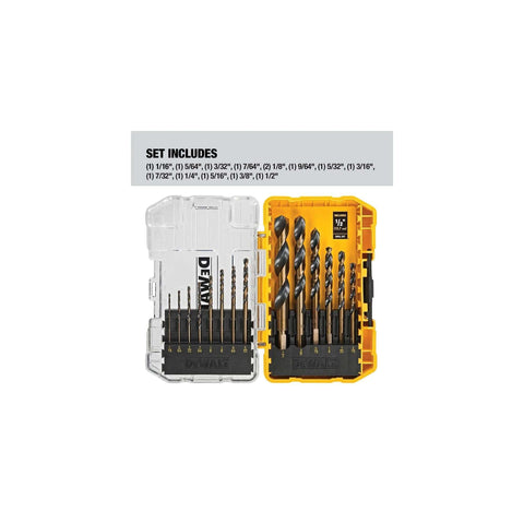14 Piece Drill Bit Set With 3 Flats Shank 135 Degree Split Point High Speed Steel in black and gold case, labeled sizes visible