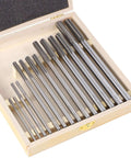 14-Piece HSS Chucking Reamer Set For Hole Precision In Lathes, Drill Presses, Milling Machines, And Screw Machines And Machining Centers Burr-Free Holes Straight Shank Right Hand Cut Sizes From 0.1240 To 0.5010 Inches in wooden case