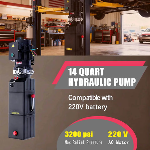 220V 60Hz Heavy Duty Hydraulic Power Unit With 14L Plastic Reservoir And Manual Button Control Pro Grade Hydraulic Motor For Auto Lifts Vehicle Repair Garage Equipment And Dump Trailer Applications displayed in a garage setting.