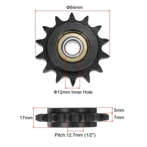 Heavy Duty Roller Chain Idler Sprocket Set For ANSI 40 DIN 08A Chains, 14 Tooth, 12mm Bore, Half Inch Pitch, 2 Pack
