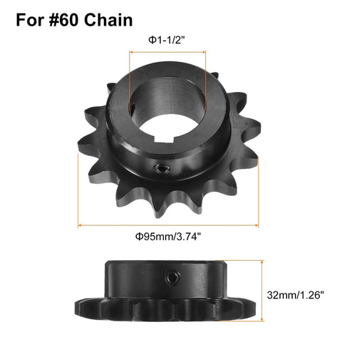 Front and side view of 14 Tooth Chain Sprocket B Type For One And Half Inch Bore Single Strand Carbon Steel With Keyway And Set Screws
