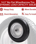 14.5" wheelbarrow tire, 3.50-8" flat-free solid tire with 300lbs capacity, centered hub, durable and easy installation features.