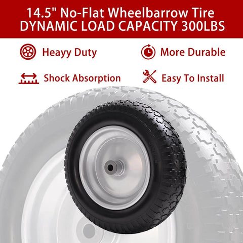 14.5" wheelbarrow tire, 3.50-8" flat-free solid tire with 300lbs capacity, centered hub, durable and easy installation features.