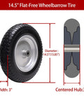 14.5" flat-free wheelbarrow tire, 3.50-8" solid with 3" centered hub, shown with dimensions for trolley dolly replacement