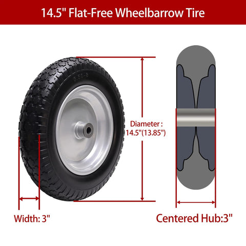 14.5" flat-free wheelbarrow tire, 3.50-8" solid with 3" centered hub, shown with dimensions for trolley dolly replacement